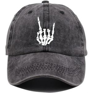 Casquette De Baseball Ajustable En Denim Délavé Avec Motif Tête De Mort Et Doigts, Pour Homme Et Femme - Neuf