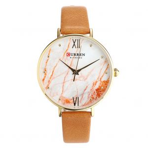 Montre-Bracelet Analogique A Quartz Curren Pour Femme Avec Cadran Marbre Et Bracelet En Cuir (Boitier Dore Orange) - Neuf