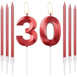 Lot De 6 Bougies D'anniversaire Rouges En Forme De Chiffre 30 Pour G&acirc;teau Avec 6 Bougies Longues Et Fines, D&eacute;coration De G&acirc;teau Rouge Pour Femme - Fournitures De D&eacute;coration De 30e Anniversai[Z3832] - Neuf