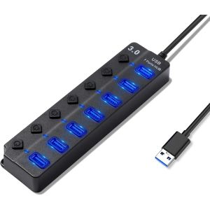 Hub Usb 3.0,7 En 1 Multiprise Usb Hub 1 Usb 3.0 Et 6 Usb 2.0,Port Usb Multiple Pc Transfert De Donn&eacute;es Et La Recharge,Usb Multiple Ports Interrupteur Et Lumi&egrave;re Led,1M Noir - Neuf