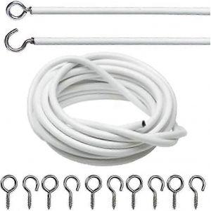 Câble de cordon de fil de rideau de filet de fenêtre blanc avec 8 crochets et 8 yeux (fil de rideau de filet de 3 mètres + 8 crochets + 8 ?illets) - Neuf