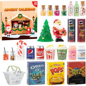 Calendrier de l'Avent 2025 Accessoires Lutin Farceur de Noel Enfant, 24 Pcs Miniature Maison de Poupee Nourriture et Boissons Kit, Calendrier Avent Maquette Cadeau Jouet de 3 Ans et Plus Kinder - Neuf