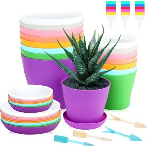 Lot De 38 Pots En Plastique Color&eacute;-16 Pots D'int&eacute;rieur De 10/14 Cm Avec Plateau,18 &Eacute;tiquettes De Plantes,4 Outils - Neuf