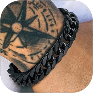 Eryi-Bijoux Punk Hip Hop - Gourmette Homme Plaqué Or/Noir/Acier Inoxydable 19/21/23cm De Longueur - Chaîne Bracelet Maille Grosse 8/12/17mm De Largeur, Bracelets Cadeau Pour Homme Garçon - Neuf