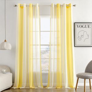 Tzf-Rideaux Voilage À Rayures Blancs Et Jaune, Voilages Intérieurs Avec Oeillets, Beaux Voile Rideau Voilage Fenetre Chambre, Lot De 2 Transparent Rideaux Salon Hauteur 245 Cm - Neuf