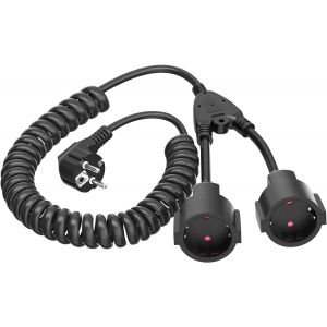Rallonge 3M avec 2 Prises Schuko, c&acirc;ble spiral&eacute; Rallonge spiral&eacute;e de 0,6m &agrave; 3 m Max, rallonge spiral&eacute;e avec Double Prise Schuko(230V/16 A), 2 Prises Noir - Neuf