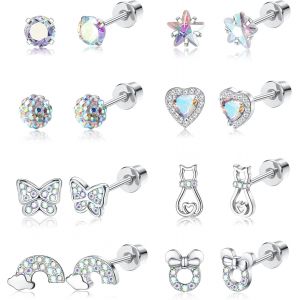 Kal-8 Paires Boucles D'oreilles Hypoallerg&eacute;niques Pour Femmes Filles Acier Inoxydable 316l Cz Coeur Vis Dos Boucles D'oreilles Fleur Multicolore Papillon Boucles D'oreilles Ensemble - Neuf