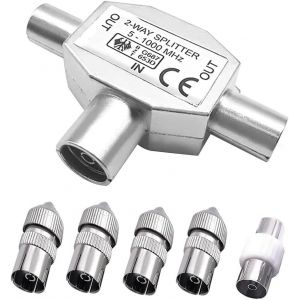 MEVRONISSHOP-R&eacute;partiteur d'antenne TV 2 voies r&eacute;partiteur coaxial 1 vers 2 c&acirc;ble satellite avec adaptateur d'antenne m&acirc;le vers femelle prise TV RF - Neuf