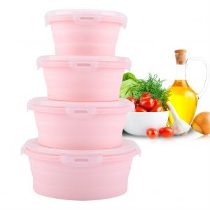 Hjlian Lot De 4 Boites A Lunch Rondes Pliables En Silicone, Sures Et Durables, Vaisselle Bento (Rose) - Neuf