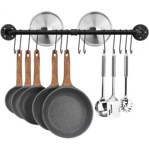 Barre de Cuisine Industrielle, 80 cm Porte Casserole Mural Cuisine, Support de Pot en Fer avec 14 Crochets pour Ustensiles, Poêlés - Neuf