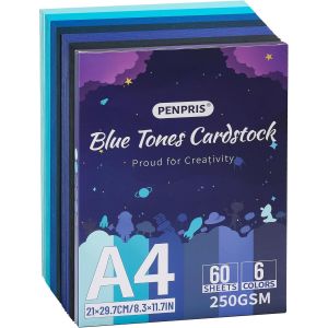 Blue Tones Pac06mx2 Lot De 60 Feuilles De Papier Cartonn&eacute; Lourd 6 Couleurs A4 250 G/M&sup2; Pour Imprimantes,Fabrication De Cartes,Loisirs Cr&eacute;atifs,Scrapbooking - Neuf