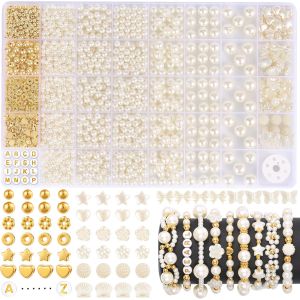 Mevronisshop-1860 Pi&egrave;ces Perles Pour Bracelet, Perles De Blanche, Perle Nacr&eacute;es, Perle De Plastique Rondes Blanc Pour Diy Colliers Bracelets Boucles Fabrication De Bijoux - Neuf