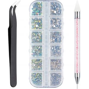 Kal-Pi&egrave;ces Strass -6 Tailles Gemmes Dos Plat, Cristal Ab Strass Gemmes Nail Art Et Strass Pour Ongles/V&ecirc;tements/Visage/Artisanat, Avec Pincette Pick Up Et Stylo Pointeur Strass Picker - Neuf