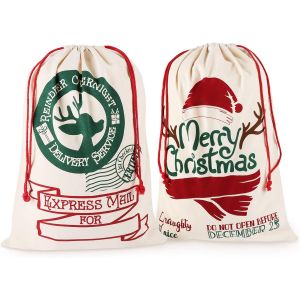 (70x50cm) Ensemble De 2 R&eacute;utilisables Cadeau De No&euml;l Sacs Avec Cordon De Serrage, Personnalis&eacute; Vintage En Toile De Jute Des Sacs-Cadeaux, De Grande Taille Universelle Toile Santa Sac - Neuf