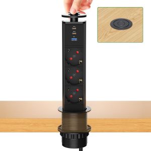 Ulteronixshop-Multiprise Encastrable PD 30W USB C1, Bloc Prise Escamotable 3 Prises avec USB, Prise Plan de Travail Table, 4000W/16A, &Oslash; 60mm C&acirc;ble 1,8m - pour Cuisine Bureau Noir - Neuf
