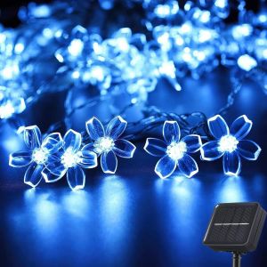 AIOU-Guirlande Lumineuse Exterieure Solaire,50 Led 7M Guirlande Guinguette Solaire Fleur Sakura Cerise,8 Modes Jardin Extérieure Étanche Chaîne Décoration Pour Noël Décoration (Bleu) - Neuf