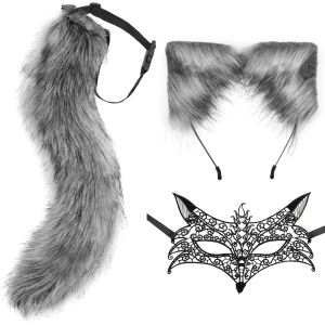 Tzf-Ensemble Queue Et Oreilles De Renard Loup Masque Dentelle, Longue Fausse Fourrure Queue Pince À Cheveux Oreille Et Masque Cosplay Costume Pour Halloween, Noël, Fête Costumée - Neuf