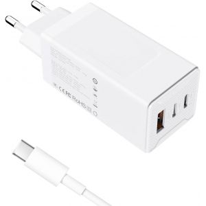 Gan 65w Usb-C Charger,3 Ports Fast Pd-Compact Usb-C Charger For Macbook Pro/Air,Iphone 16/15/14,Ipad Pro/Air,Galaxy,Steam Deck,Dell Xps 13 And Other Tablets (White,With Cable) - Neuf