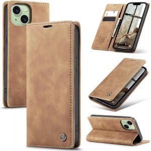 Iphone 15 Plus 5g Premium Leather Flip Case Cover With Card Slot And Stand Function For Iphone 15 Plus 5g Brown - Neuf