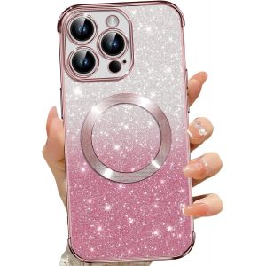 TRAHOO-Coque Magn&eacute;tique pour iPhone 14 Pro, Etui &agrave; Paillettes Compatible avec MagSafe, Antichoc Charge sans Fil Housse pour iPhone 14 Pro, avec 2 Verre Tremp&eacute;, Rose - Neuf