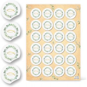 Autocollants Communion Et Baptême, Lot De 24: Stickers Ronds Avec Eucalyptus Et Poisson Doré, Pour Décoration Baptême, Confirmation Ou Mariage, Cartes, Cadeaux Et Scrapbooking, Vert & Or, Ø 4 Cm - Neuf
