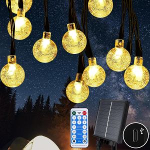 AIOU-Guirlande Solaire 15M 105 Led Guirlande Lumineuse Solaire 8 Modes Boules De Cristal Étanche Ip65 Pour Décoration Extérieure Intérieure Jardin Arbres Terrasse Balcon Fêtes,Blanc Chaud - Neuf