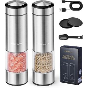 Moulin &agrave; poivre et &agrave; sel &eacute;lectrique, Moulin &agrave; sel rechargeable USB avec Led, avec broyage grossier r&eacute;glable, moulins &agrave; &eacute;pices en Acier inoxydable, meulage automatique, 2 Pi&egrave;ces(Argent) - Neuf
