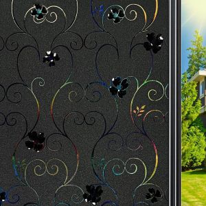 Kalanka-Film Occultant Fenêtre 30x200cm, Effet Arc-En-Ciel 3d Film Fenêtre Anti Regard Motif De Fleurs Noires Brise Vue Fenêtre Électrostatique Dépoli Film Opaque Fenêtre Pour Maison Bureau Chambre - Neuf