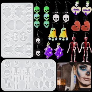 2 Pi&egrave;ces Moules En R&eacute;sine Boucles D'oreilles Halloween, Moule En Silicone Bijoux Squelette Cr&acirc;ne, Moulle Resine Epoxy Fant&ocirc;me Resin Earring Mold Pour Diy Porte-Cl&eacute;s Collier Pendentif D&eacute;cor - Neuf