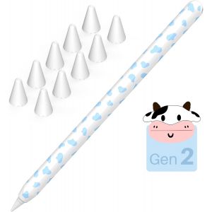 Imprim&eacute; Vache Silicone Housse De Protection Pour Apple Pencil 2&Egrave;me G&eacute;n&eacute;ration & Apple Pencil Pro Manchon Accessoire Avec 10 Embouts Apple (Bleu) - Neuf