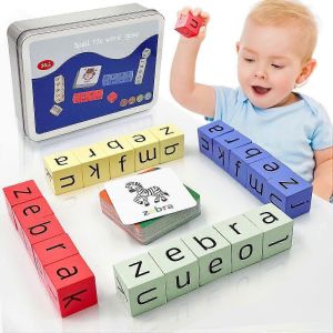 Jeu d'orthographe en blocs de bois, grands blocs de l'alphabet en bois, jouets éducatifs d'apprentissage avec cubes et cartes de mots à vue, lettres de maternelle préscolaire - Neuf