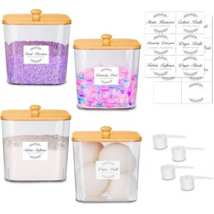 4 Bo&icirc;tes &agrave; Lessive avec Couvercle en Bambou, Pelles et &Eacute;tiquettes, Support pour Lessive, Support pour Lessive, Bo&icirc;tes Transparentes pour Lessive, Poudre et Perles Parfum&eacute;es - Neuf