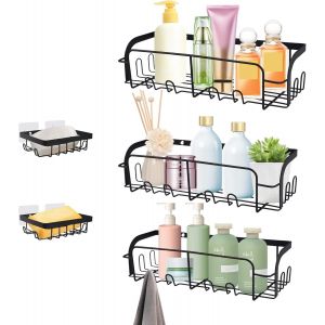 5Pcs Etagere Salle De Bain Sans Percage, Rangement Salle De Bain Avec Porte Savon, Etagere Douche Inoxydable, Étagère Douche Sans Perçage Et 20 Crochets Pour Salle De Bain Et Cuisine - Noir - Neuf