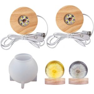 Moule Rond en r&eacute;sine Lumineuse, DIY Ball Silicone avec Support de Lampe, LED Moule en r&eacute;sine &eacute;poxy Base en Bois &eacute;clair&eacute;e, d&eacute;coration pour Art en r&eacute;sine Veilleuse - Neuf