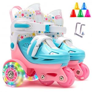 Patins A Roulettes Quadruples Pour Enfants, Chaussures A Roulettes A 3 Points D'equilibre Pour Filles Et Garcons, Taille Reglable, Doubles Freins, Roues Lumineuses - Neuf