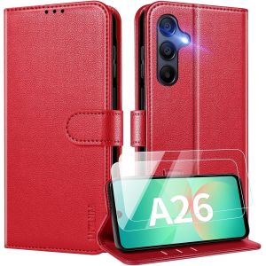 JGD-Coque pour Samsung Galaxy A26 5G Coque Etui Portefeuille Cuir avec 2 Verre Tremp&eacute; Protection &Eacute;cran Porte Carte Rabat Clapet Flip Case &Eacute;tui Cover Housse Etui pour Samsung Galaxy A26 5G,Rouge - Neuf