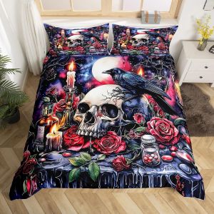 Double (Sans Couette)-Bleu Doré-Parure De Lit Homewish Sugar Skull, Housse De Couette Gothique, Housse De Couette Double À Fleurs Exotiques, Parure De Lit Goth Moon Galaxy Rose - Neuf