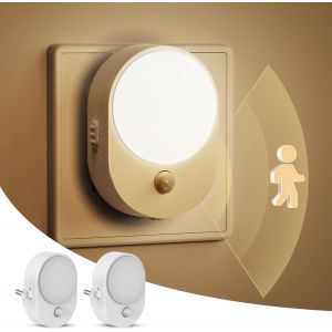Lot De 2 Veilleuses Avec Détecteur De Mouvement Et Capteur Crépusculaire, Blanc Chaud 3000 K, Luminosité Réglable, Veilleuse Pour Chambre D'enfant, Escaliers, Allée, Chambre, Cuisine, Salle - Neuf