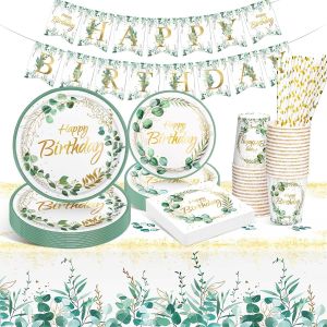 Tianyi-Vaisselle Anniversaire, Vert Or Party Supplies Set, Vaisselle De F&ecirc;te Assiette Papier Tasse Serviette Nappe Paille Pour Decoration Anniversaire Baby Shower (16 Invit&eacute;s) - Neuf