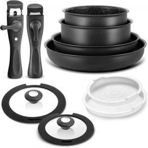 Letnerny-Batterie De Cuisine À Induction 10 Pièces, Casseroles Et Poêles Antiadhésives Avec Poignées Amovibles, Pour Tous Les Feux, Design Empilable, Passe Au Lave-Vaisselle Et Au Four N9102 Gris Fon - Neuf