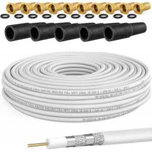 Câble satellite coaxial - 50 m - 130 dB - Avec 10 fiches F plaquées or et 5 douilles de protection - Câble coaxial de 50 m pour réception satellite, mesure de blindage 130 dB - Neuf