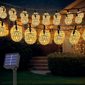 TRAHOO-7 M Guirlande lumineuse LED marocaine, 50LED Solaire Guirlande Guinguette Exterieur, 8 modes, r&eacute;sistante aux intemp&eacute;ries, blanc chaud, pour Mariage, Vacances, No&euml;l, Int&eacute;rieur, Ext&eacute;rieur - Neuf