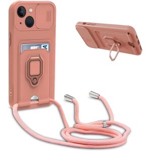 Ayu-Coque Avec Cordon Pour Iphone 14 Plus,Collier Pour Étui Colliers De Cellulaire Réglable Corde Silicone Souple Case,Protection De La Caméra,Support,Porte Cartes - Pink - Neuf