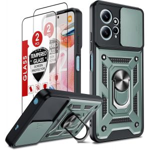 Kal-Coque Pour Xiaomi Redmi Note 12 4g(Pas 5g) Anneau Avec 2*Verre Trempé+Full Protection Caméra Coulissante, Étui De Pc Dur Et Tpu Silicone Militaire Anti-Rayures Coque Redmi Note 12 Antichoc-Vert - Neuf
