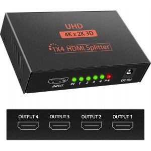 ERYI-Splitter 1 In 4 Out Hdmi 3D 4K 1080P - Distributeur 1 X 4 Hdcp 1.4 Avec Câble Usb - Compatible Pc, Ps3, Hdtv, Projecteur, Blu-Ray, Dvd - Neuf