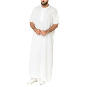 D&eacute;contract&eacute;, Solide, Col Rond Zip Pour Hommes Musulmans Robe Manches Courtes Jubba Thobe Chemise En Lin Kaftan Hommes Musulmans Robes Caftan Blanc 4xl - Neuf