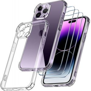 4 en 1 Coque pour iPhone 14 Pro 6.1 Pouces avec [Conception de Cam&iquest;&iquest;ra de Protection], et 3 Pi&iquest;&iquest;ces Protection ?cran en Verre Tremp&iquest;&iquest;, Transparent Souple Silicone TPU Antichoc Bumper Housse - Neuf