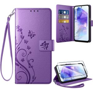 Kal-Coque Pour Samsung Galaxy A55 5g + 1 Verre Trempé, Retro Design Housse Premium En Cuir Pu Pochette De Portefeuille Pour Porte Cartes Fonction Stand Flip Etui Pour Samsung A55, Violet - Neuf