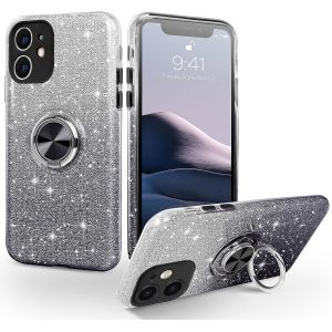 Kal-Coque Iphone 12 Avec Anneau Rotatif 360° Support De Voiture Magnétiqu, Paillettes Scintillantes Brillantes Etui Protection À Anti-Rayure Antichoc Housse Pour Iphone 12 6.1'', Dégradé Noir - Neuf