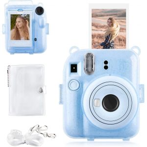 SJZG-Housse Pour Instax Mini 12 - &Eacute;tui &Agrave; Paillettes Pour Appareil Photo Instantan&eacute; Fujifilm Instax Mini 12 Avec Poche Photos Arri&egrave;re, Bandouli&egrave;re Transparente Et Mini Album Photo -Bleu - Neuf